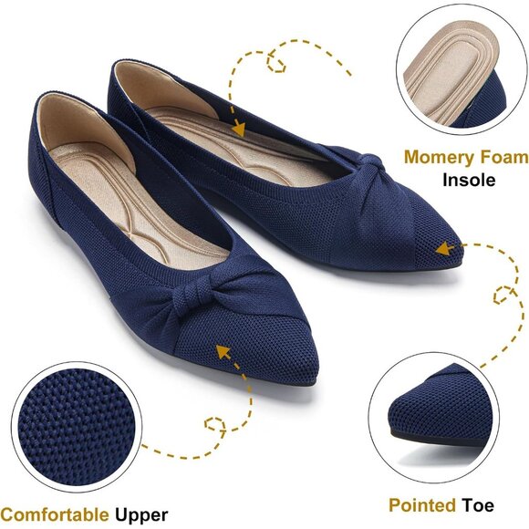 Women's Pointed Toe Knit Blue Flats Comfortable Lightweight Dressy Casual Shoes - Picture 4 of 9